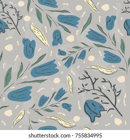 Hand Drawn flowers on dotted background. Hand drawn, whimsical, traditional style. Colorful artistic design, blossom. For backgrounds, wallpapers, fabric, prints, textiles, swatches, etc.