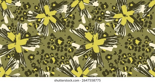 Hand drawn flowers on green backgrounds, seamless patterns with floral for fabric, textiles, clothing, wrapping paper, cover, banner, interior decor.