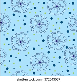 Hand drawn flowers on the light blue background seamless pattern