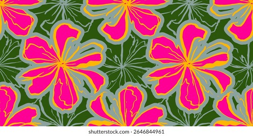 Hand drawn flowers on purple backgrounds, seamless patterns with floral for fabric, textiles, clothing, wrapping paper, cover, banner, interior decor.
