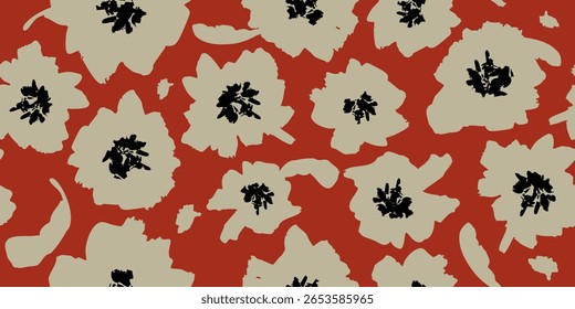 Hand drawn flowers on red backgrounds, seamless patterns with floral for fabric, textiles, clothing, wrapping paper, cover, banner, interior decor.