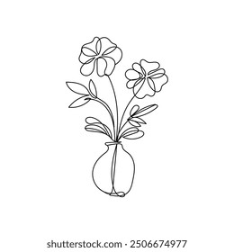  Hand drawn flowers one line art. Continuous line drawing flowers in a vase.  Hand drawing concept sketch line.