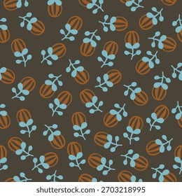 Hand drawn flowers in orange and blue colord on dark background. Vector illustration with flowers and leaves.