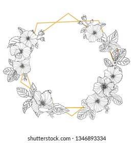 Hand drawn flowers. Outline dog rose. Botanic flower frame template. Vector illustration. For greeting card, invitation,
paper.