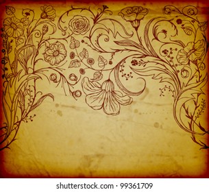 Hand drawn flowers over old paper background