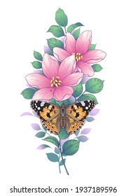 Hand drawn flowers and painted lady butterfly isolated on white background. Pink flower with green and orange moth top view. Vector elegant floral composition in vintage style, tattoo design.