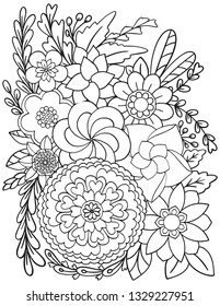 Hand drawn Flowers pattern. Doodle design for a coloring book or background decorative. Relaxation for adults and kids. Vector Illustration. 