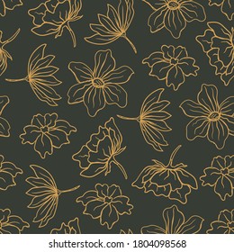 Hand Drawn Flowers Pattern, Golden Color, Seamless Pattern, Vector Illustration EPS 10.