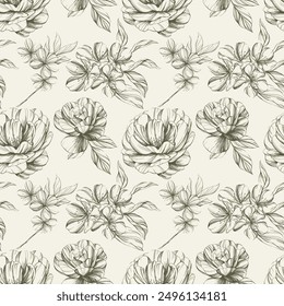 Hand drawn flowers pattern. Ink floral vintage illustration.