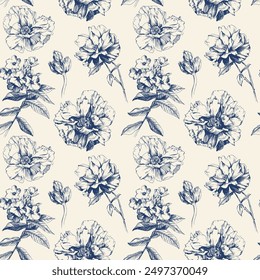 Hand drawn flowers pattern. Ink floral vintage isolate illustration.