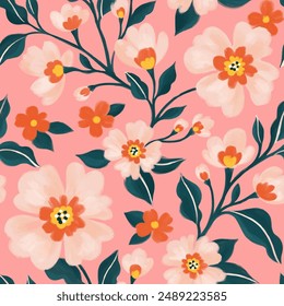 Hand drawn flowers pattern. Seamless floral pattern.  Design for fabric, textiles, clothing, wrapping paper, cover, banner, interior decor, abstract backgrounds. Vector illustration.