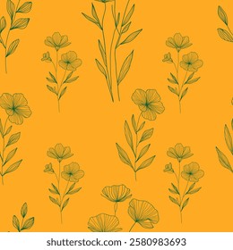 Hand drawn flowers pattern. Vector floral seamless pattern on a orange background. For wallpaper, botany pattern, cardboard, packaging