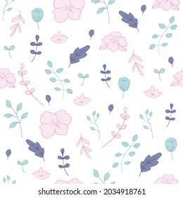 Hand drawn flowers, plants and leaves, botanical seamless pattern vector design for fashion,fabric,wallpaper and all prints on bright background. Cute pattern in small flower. Small colorful flowers.