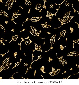 Hand drawn flowers and plants seamless pattern with gold texture. Vector illustration