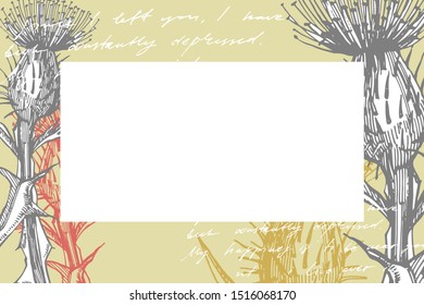 Hand drawn flowers and plants teamplate horizontal cards. Handwritten abstract text wallpaper. Imitation of a abstract vintage lettering. Botany, vintage flowers