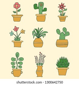 hand drawn flowers in pots illustration vector