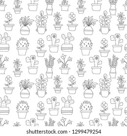 hand drawn flowers in pots seamless pattern illustration vector