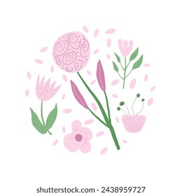 Hand drawn flowers round composition. Botanical nature spring elements circle emblem in doodle style. Modern floral and leaves shapes. Vector illustration isolated on white background.