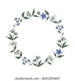 Hand drawn flowers. Round frame, border. Cartoon multi-coloured meadow plants. Place for text. Hand drawing, doodle illustration. Colour icons Dandelion, chamomile, bluebell.