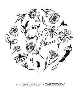 Hand drawn flowers in round shape. Vector sketch illustration in vintage crayon style. Floral logo design, print. Clothes element. Garden symbol, daisy, lavender, tulip, rose