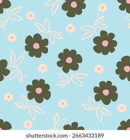 Flores dibujadas a mano. Fondo sin fisuras con flores lindas abstractas. Adorno de diseño de Vector para papel; cubierta; tela; decoración interior; textil; tela; Fondo de pantalla; diseño de la superficie; etiqueta; embalaje