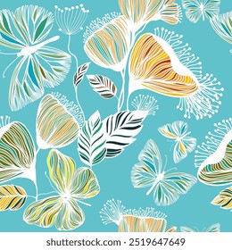 Hand Drawn Flowers Seamless blue Pattern. Blotched Floral Print. Expressive Outlines, Organic Large Scale Simplistic Retro Fashion Design hand drawing. Not AI, Vector illustration.