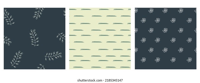 Hand drawn flowers seamless modern patterns set. Cute vector collection dark blue, green, white doodle for paper, Scandinavian fabric, book, kitchen, children.