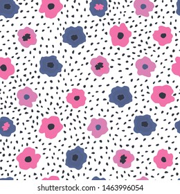 Hand drawn flowers seamless pattern on white background. Design for fabric, textile print, wrapping. Vector illustration