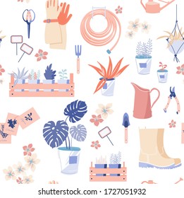 Hand drawn flowers seamless pattern ,garden tool,boarding equipment background.Spring Gardening ,planting spring symbols,seedling,vector element.Vector garden sketch element.