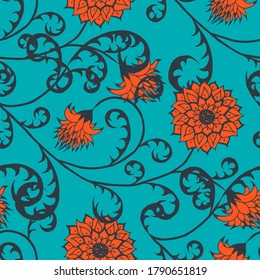 Hand Drawn Flowers. Seamless Pattern. Retro
