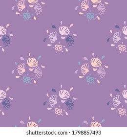 Hand drawn flowers seamless pattern. Doodle botanic elements in sift tones on purple background. Designed for wallpaper, textile, wrapping paper, fabric print. Vector illustration.