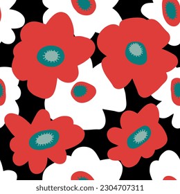 Hand drawn flowers seamless pattern in boho retro style. Perfect print for tee, paper, textile and fabric. Summer vector illustration for decor and design.
