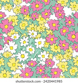 Hand Drawn Flowers Seamless pattern, Vector illustration summer spring print