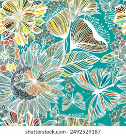 Hand Drawn Flowers Seamless Pattern. Blotched Floral Print. Expressive Outlines, Organic Large Scale Simplistic Retro Fashion Design hand drawing. Not AI, Vector illustration