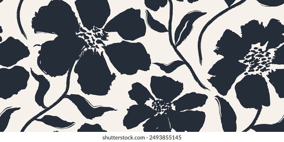 Hand drawn Flowers seamless pattern with brush style texture on white background. floral pattern. flower pattern. brush pattern.