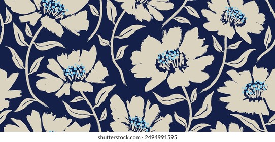 Hand drawn Flowers seamless pattern with brush style texture on white background. floral pattern. flower pattern. brush pattern. 