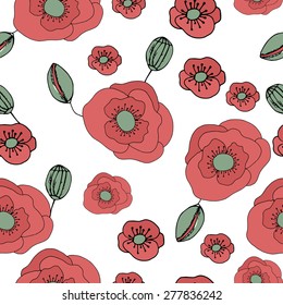 Hand drawn flowers seamless pattern. Poppies frame vintage red floral pattern background floral. Poppy flowers ornamental pattern, red poppy flower composition. Poppy flowers red nature cute blossom.