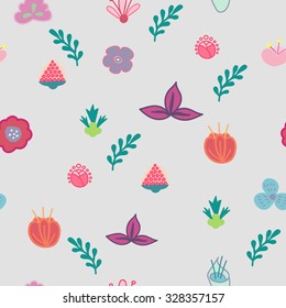 Hand drawn flowers seamless pattern. Cute, colorful vector flowers for postcard and poster modern design. Flower pattern for textile, wrapping paper, hand drawn style backgrounds.