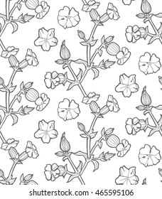 Hand Drawn Flowers Seamless Pattern. Silhouette Herbs and Wild Flowers. Botany Paper. Vintage Elegant Design. Vector illustration
