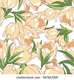 Hand drawn flowers. Seamless pattern, Floral Greeting card. Happy Women's Day, 8 March holiday background. Design Template. Vector illustration.