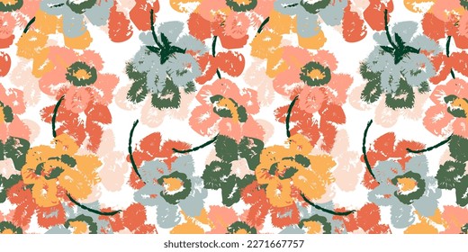Hand drawn flowers, seamless patterns with floral for fabric, textiles, clothing, wrapping paper, cover, banner, interior decor, abstract backgrounds. 