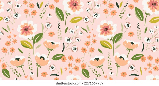 Hand drawn flowers, seamless patterns with floral for fabric, textiles, clothing, wrapping paper, cover, banner, interior decor, abstract backgrounds. 