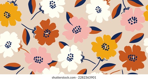 Hand drawn flowers, seamless patterns with floral for fabric, textiles, clothing, wrapping paper, cover, banner, interior decor, abstract backgrounds.