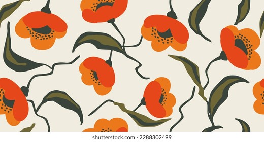 Flores dibujadas a mano, estampados sin costura con motivos florales para tela, textiles, ropa, papel de envoltura, cubierta, banner, decoración interior, fondo abstracto.