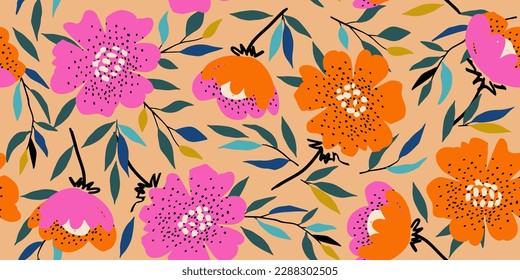 Hand drawn flowers, seamless patterns with floral for fabric, textiles, clothing, wrapping paper, cover, banner, interior decor, abstract backgrounds.