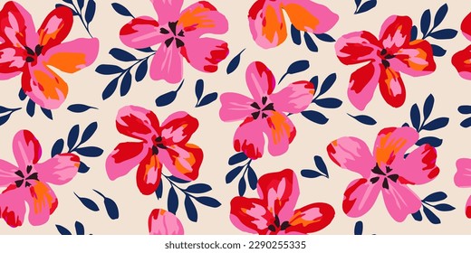Hand drawn flowers, seamless patterns with floral for fabric, textiles, clothing, wrapping paper, cover, banner, interior decor, abstract backgrounds.
