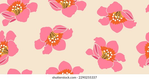 Hand drawn flowers, seamless patterns with floral for fabric, textiles, clothing, wrapping paper, cover, banner, interior decor, abstract backgrounds.