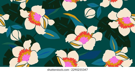 Flores dibujadas a mano, estampados sin costura con motivos florales para tela, textiles, ropa, papel de envoltura, cubierta, banner, decoración interior, fondo abstracto.