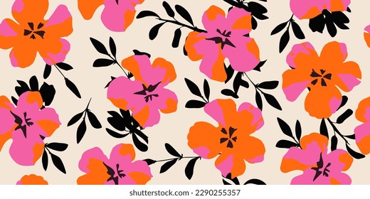 Hand drawn flowers, seamless patterns with floral for fabric, textiles, clothing, wrapping paper, cover, banner, interior decor, abstract backgrounds.