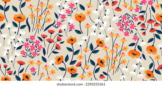 Hand drawn flowers, seamless patterns with floral for fabric, textiles, clothing, wrapping paper, cover, banner, interior decor, abstract backgrounds.